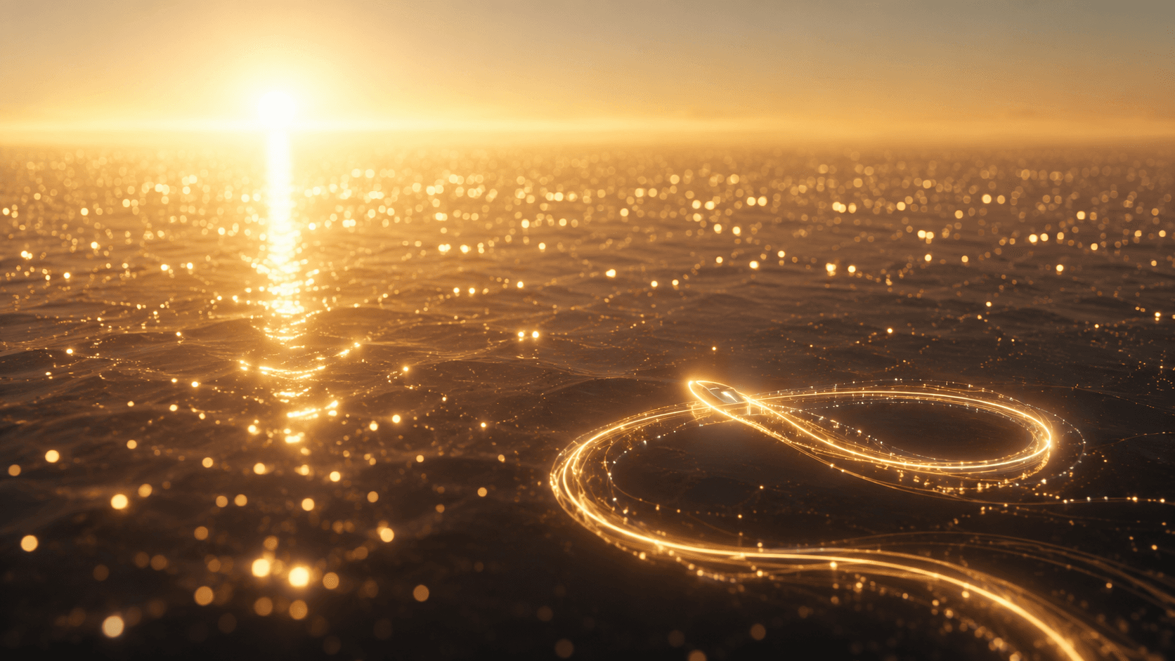 A luminous loop of light traced over an ocean of data points at sunrise — the verified learning loop.