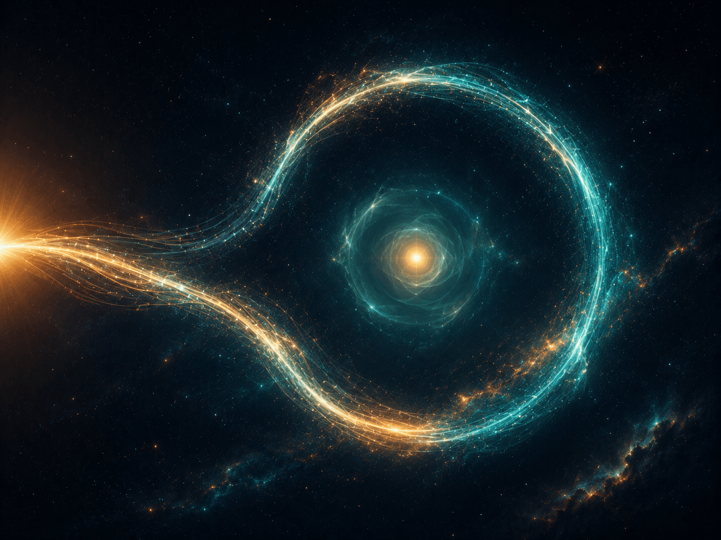 A raw signal streams in from the left and closes into a continuous ring of light around a bright verified core — the Senso loop.